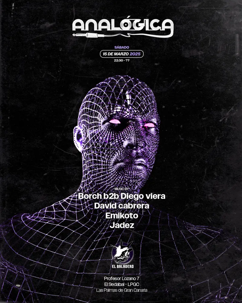 Analógica flyer: a violet wireframe head under the logotype