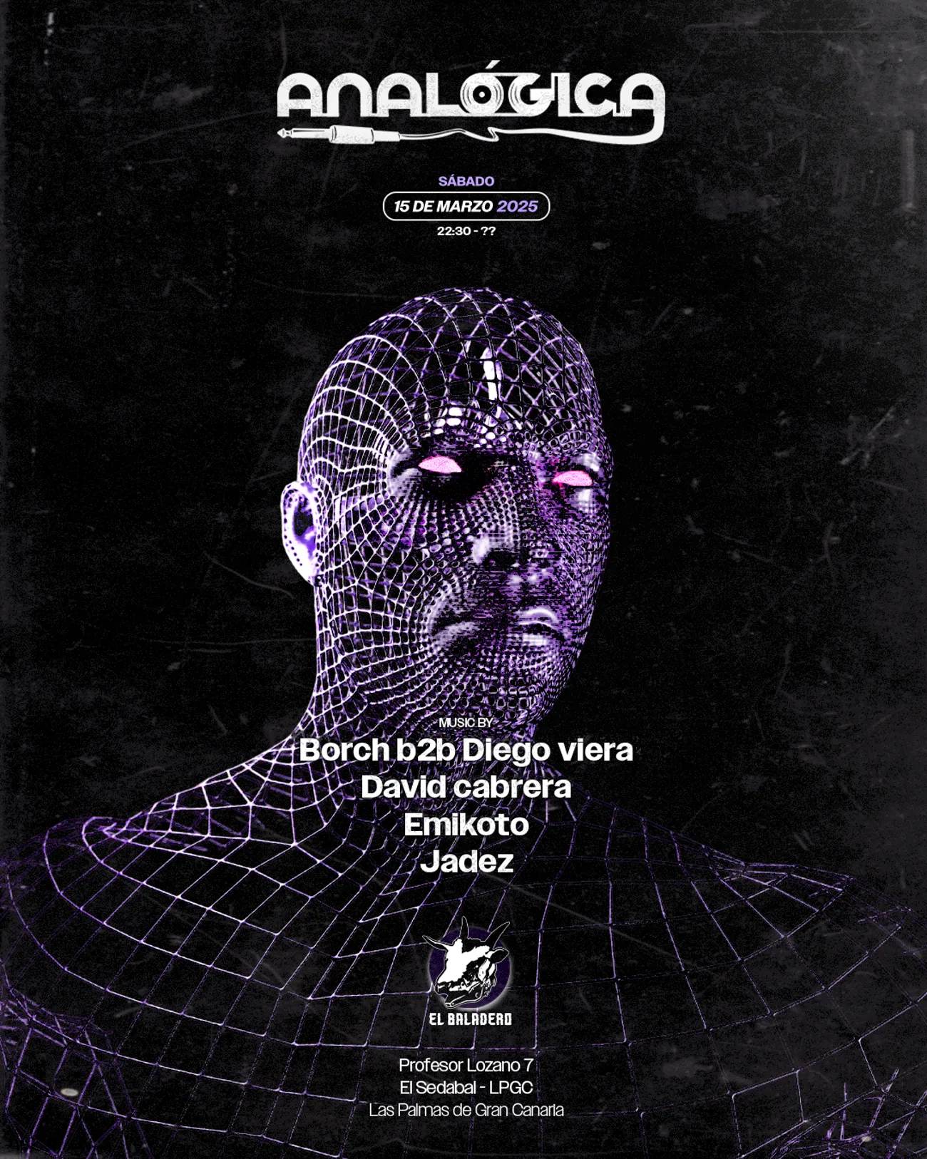 Analógica flyer: a violet wireframe head under the logotype, for a night in Las Palmas