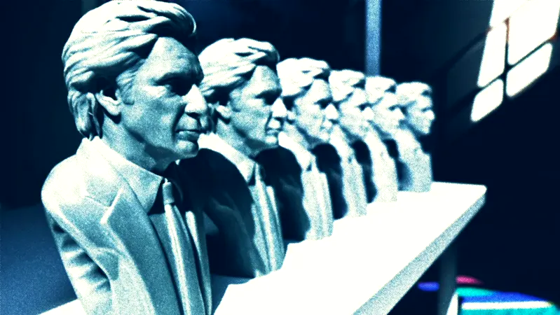 A row of painted portrait busts under blue light