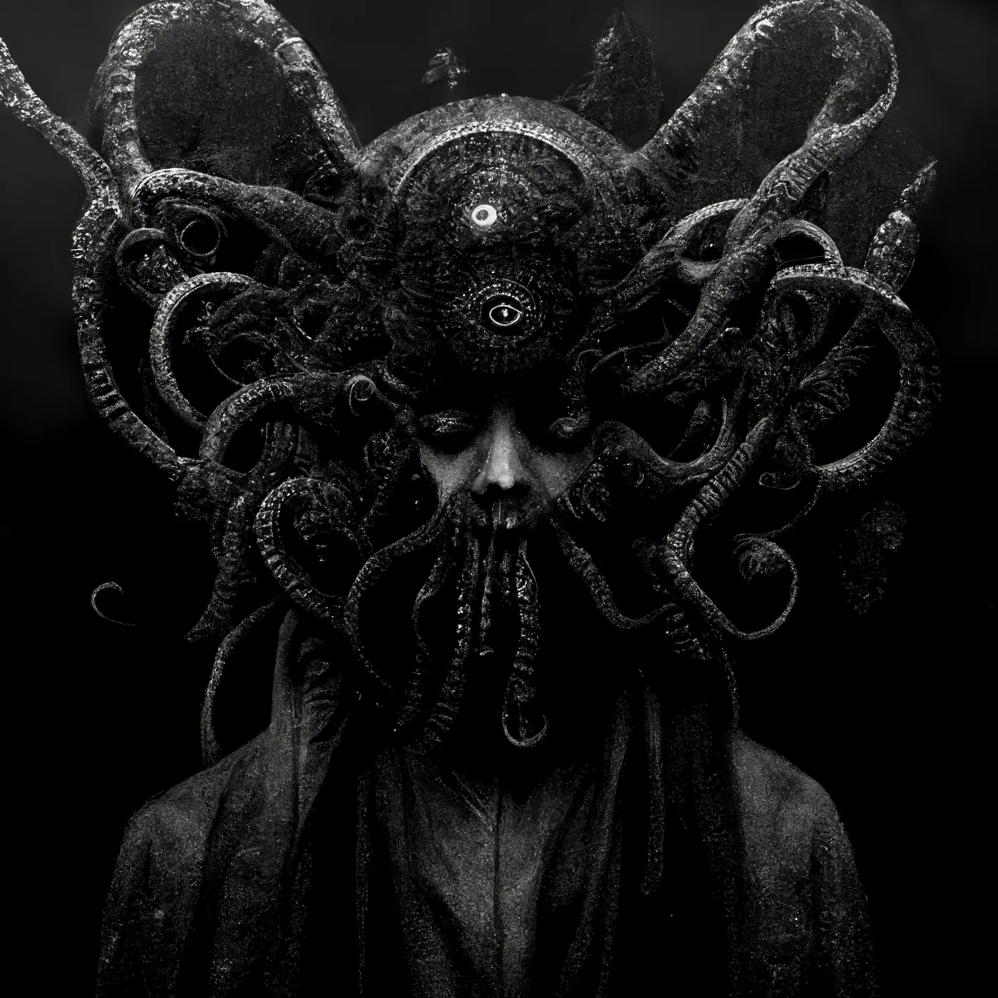 Black and white concept art of a hooded figure crowned with tentacles