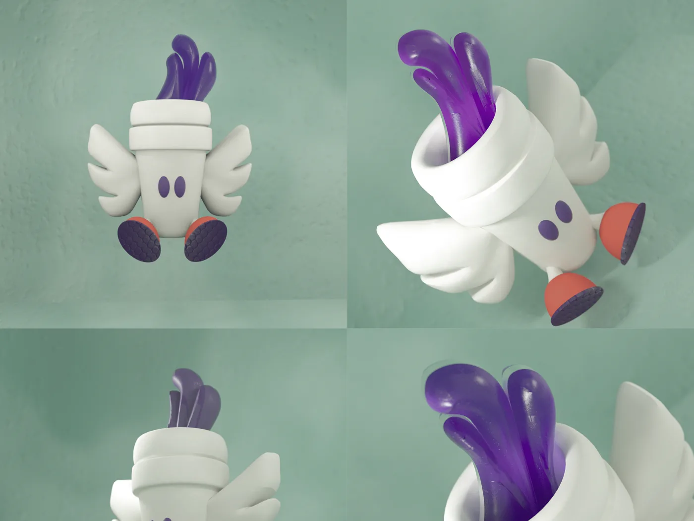 Cuppa, a white winged coffee cup character with purple hair, seen from four angles on a green wall
