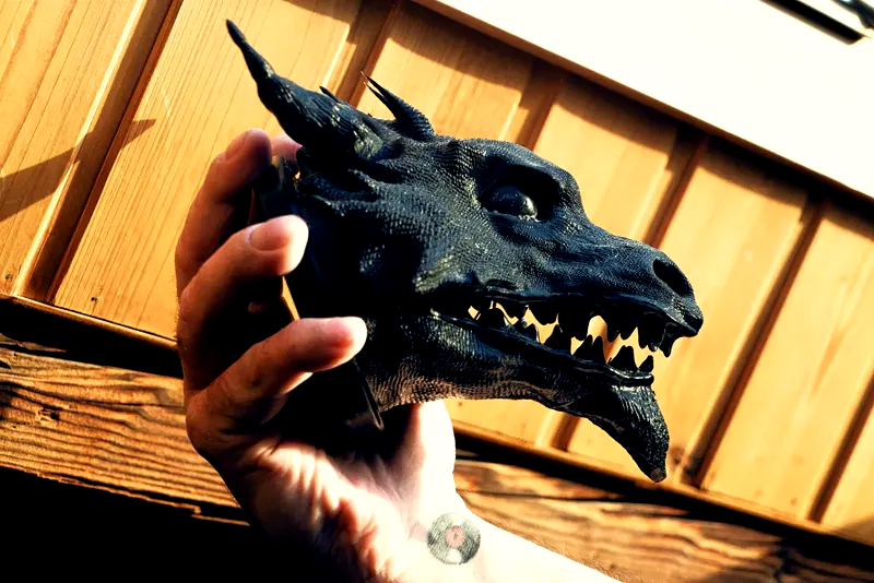The Drachenkopf dragon head held in one hand