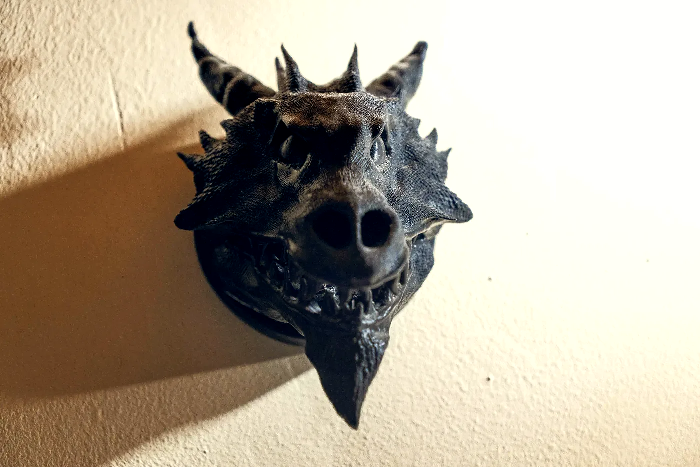 The finished Drachenkopf held in an open hand against wood: a horned dragon head in dark resin