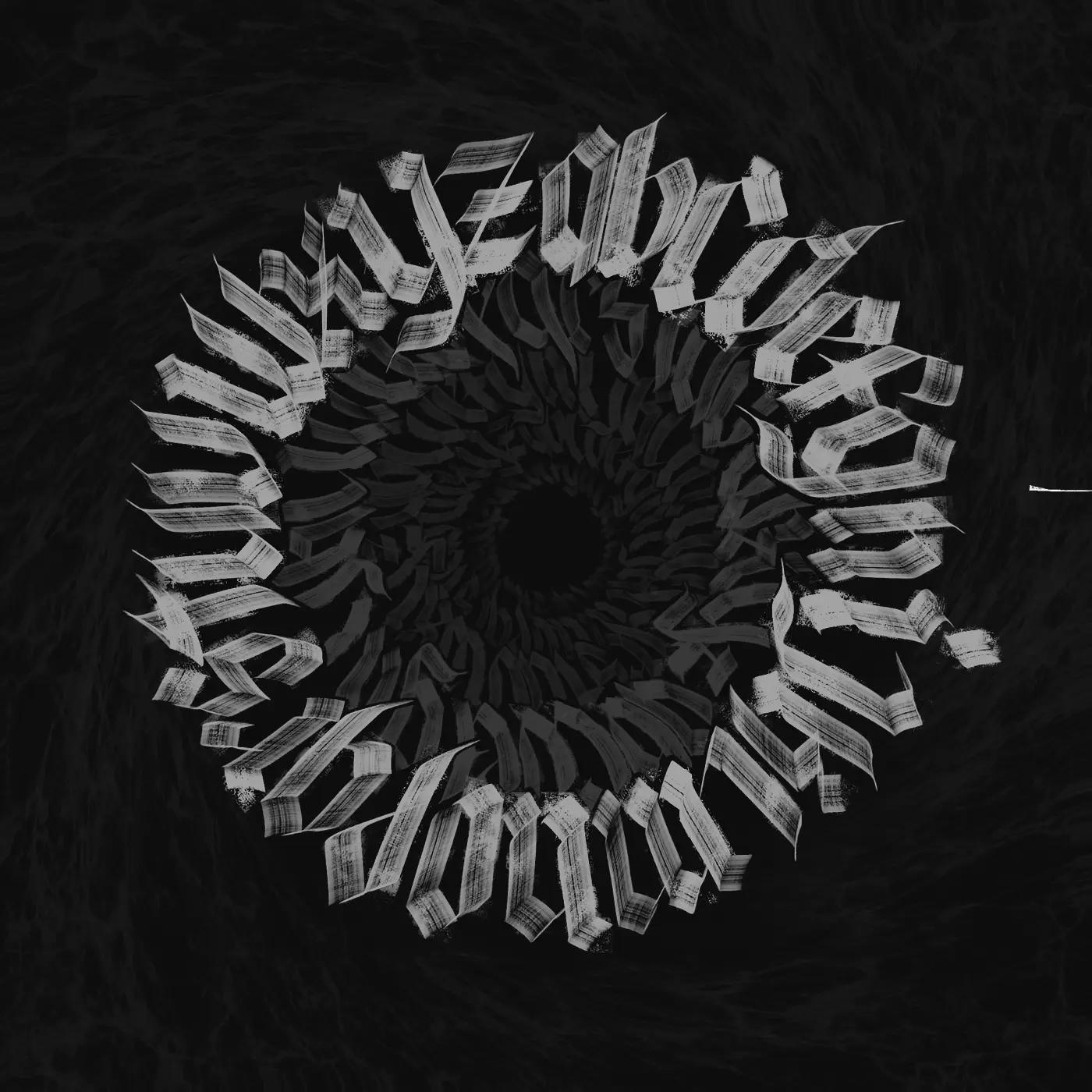 A circular composition of gothic calligraphy, white letters radiating from a dark centre