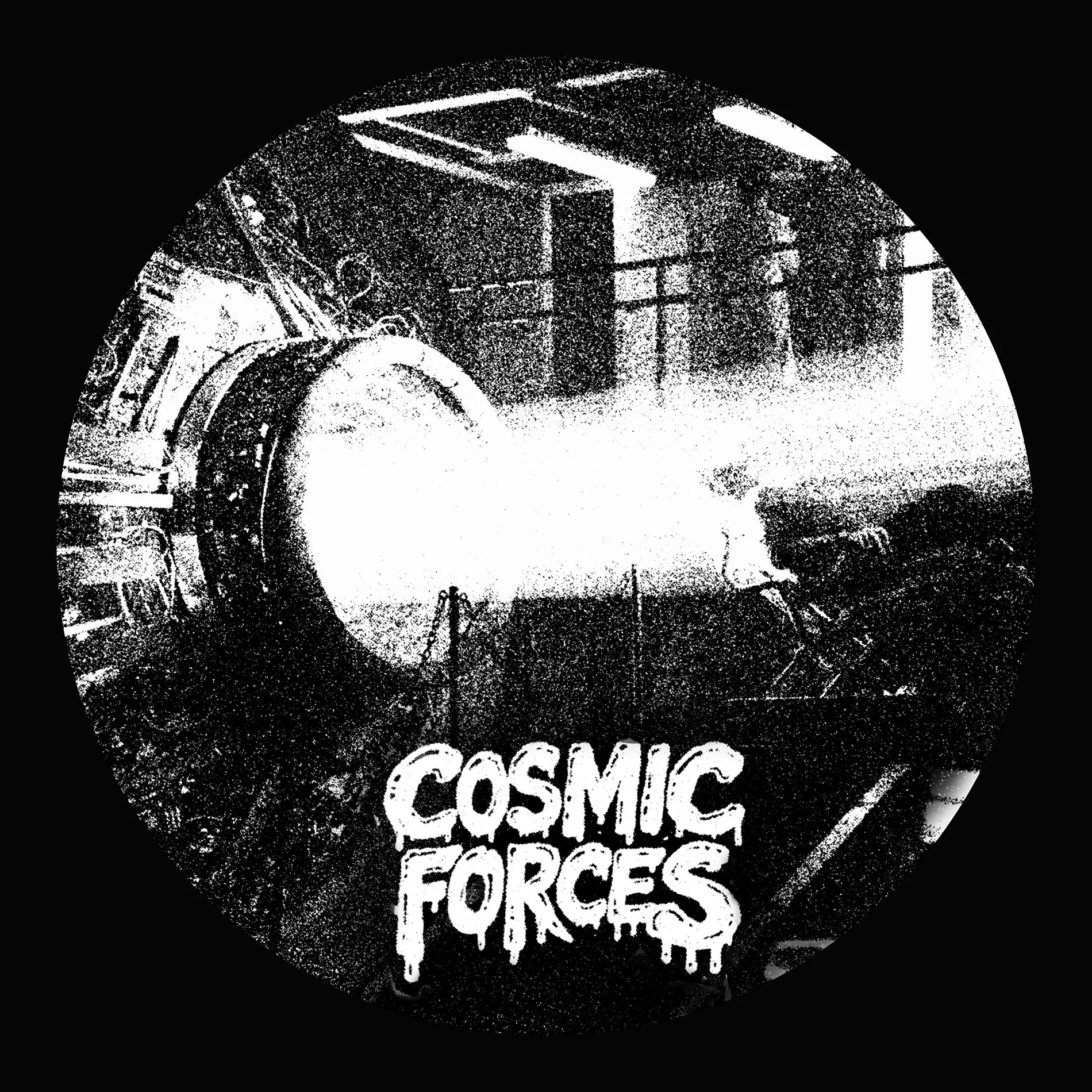 High-contrast black and white record sleeve showing an industrial machine and dripping type
