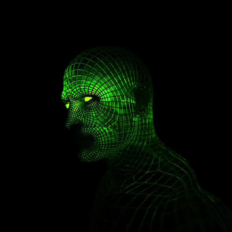 Green wireframe head rotating in the dark, from an event animation