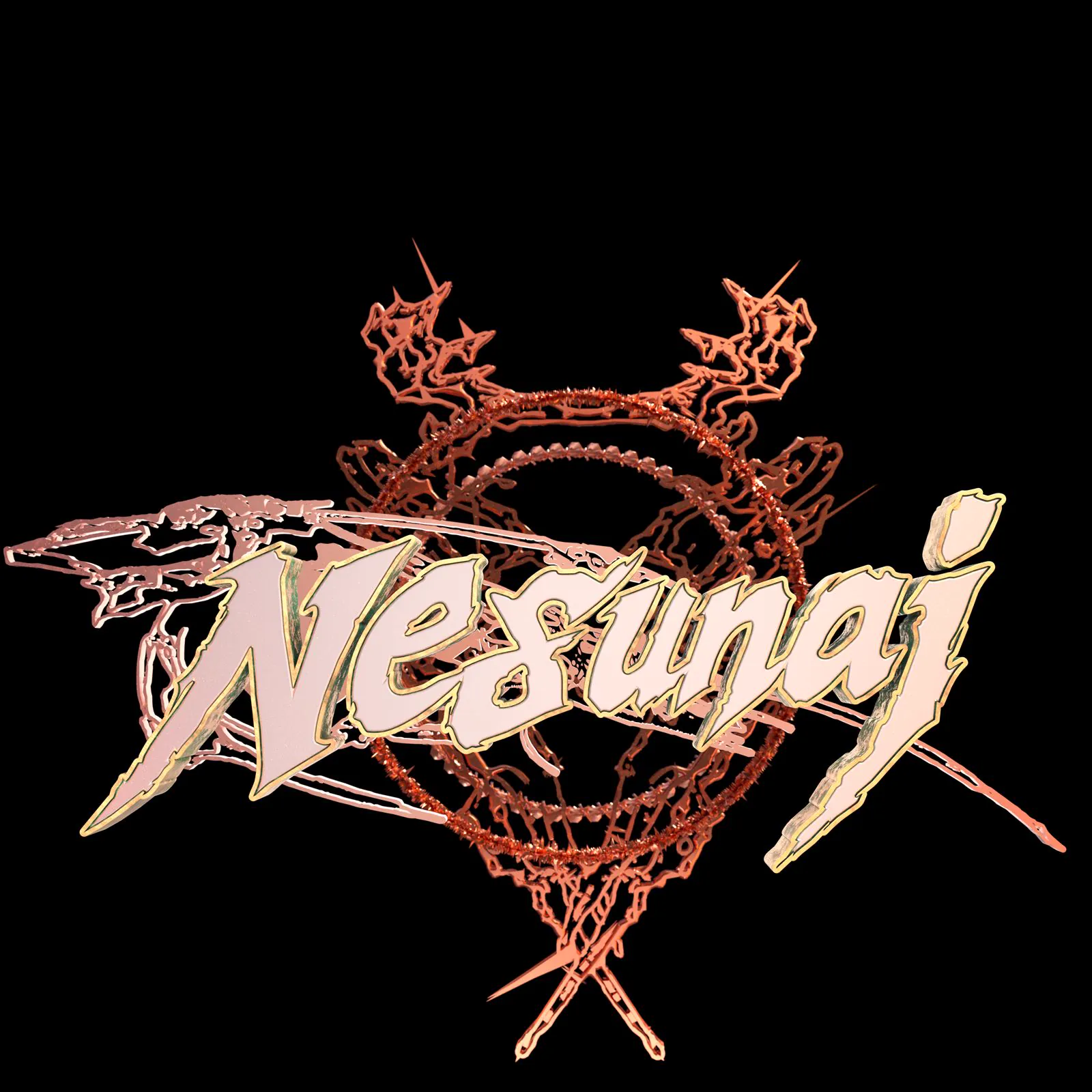 Chrome Nesunai logotype over an organic crown of metallic thorns