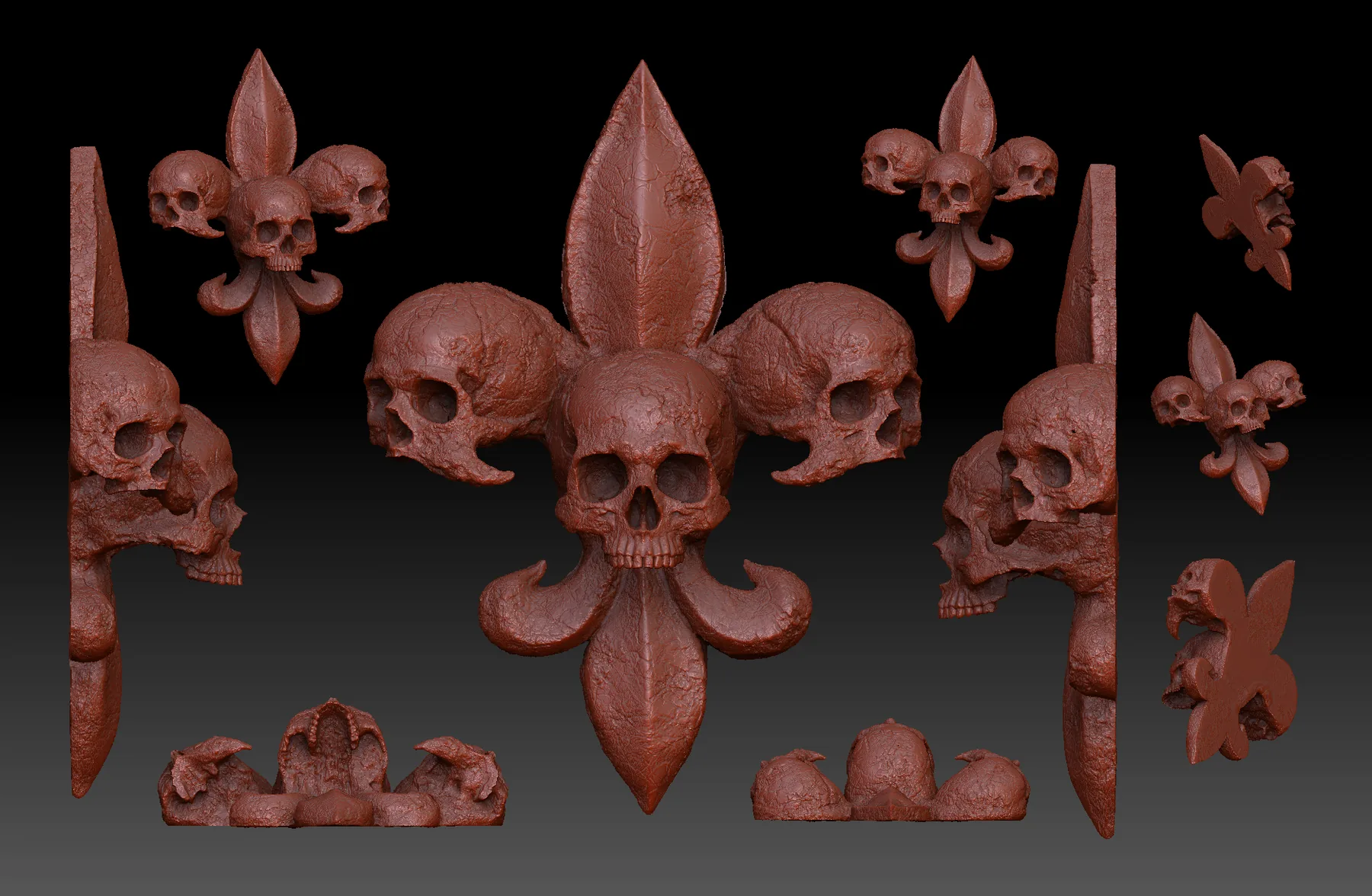 A fleur-de-lis built from skulls, cast in deep red translucent resin, mounted on a pale wall with its shadow beside it
