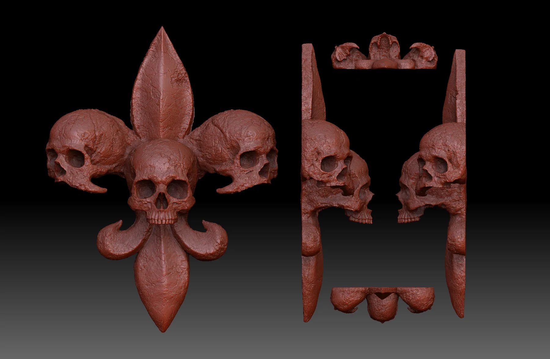 A fleur-de-lis built from skulls, cast in deep red translucent resin, mounted on a pale wall with its shadow beside it