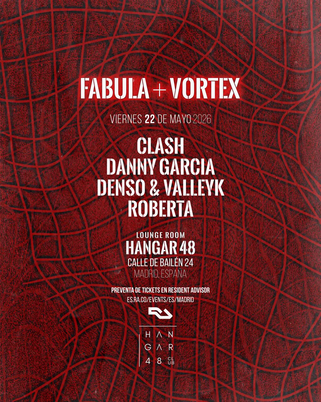 Fabula + Vortex poster for Hangar 48, condensed type over a red woven grid