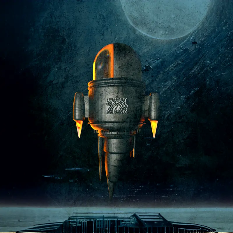 The RadioPhoenix ship, a 3D rocket lit in orange against a dark sky