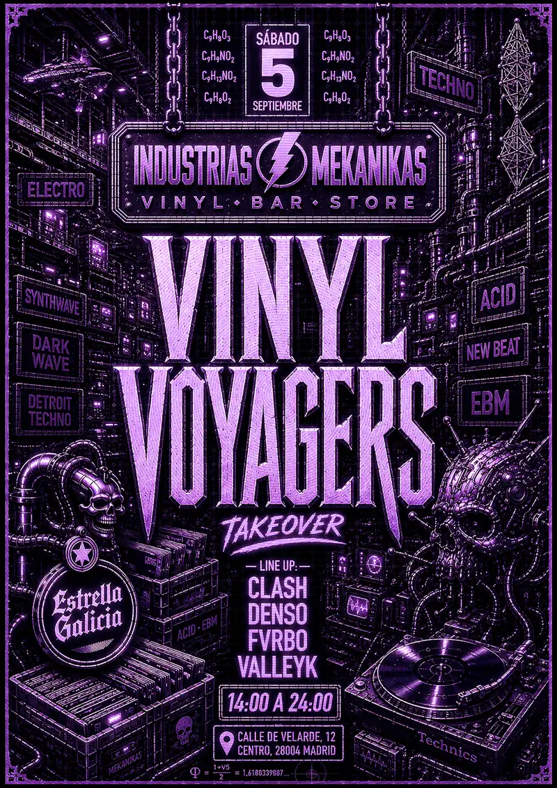 Vinyl Voyagers takeover poster in purple and black