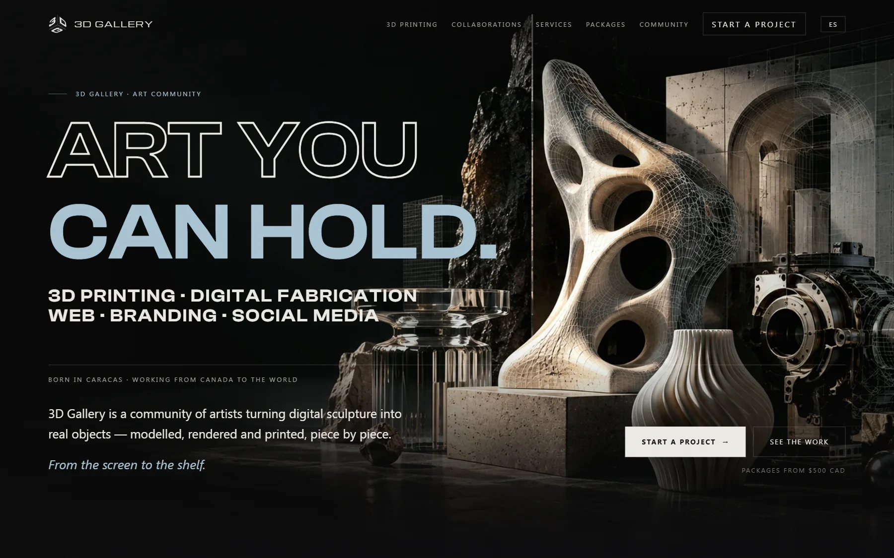 The 3D Gallery home page: “Art you can hold” over a render of printed sculptures
