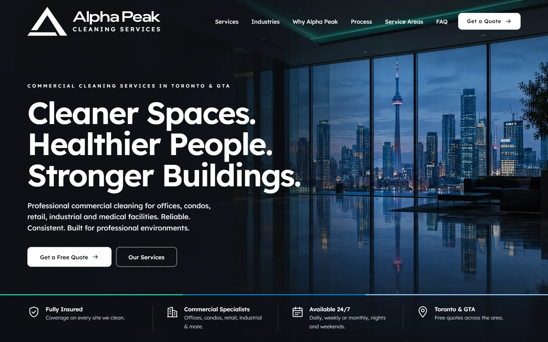 The Alpha Peak home page: the Toronto skyline at night behind the headline