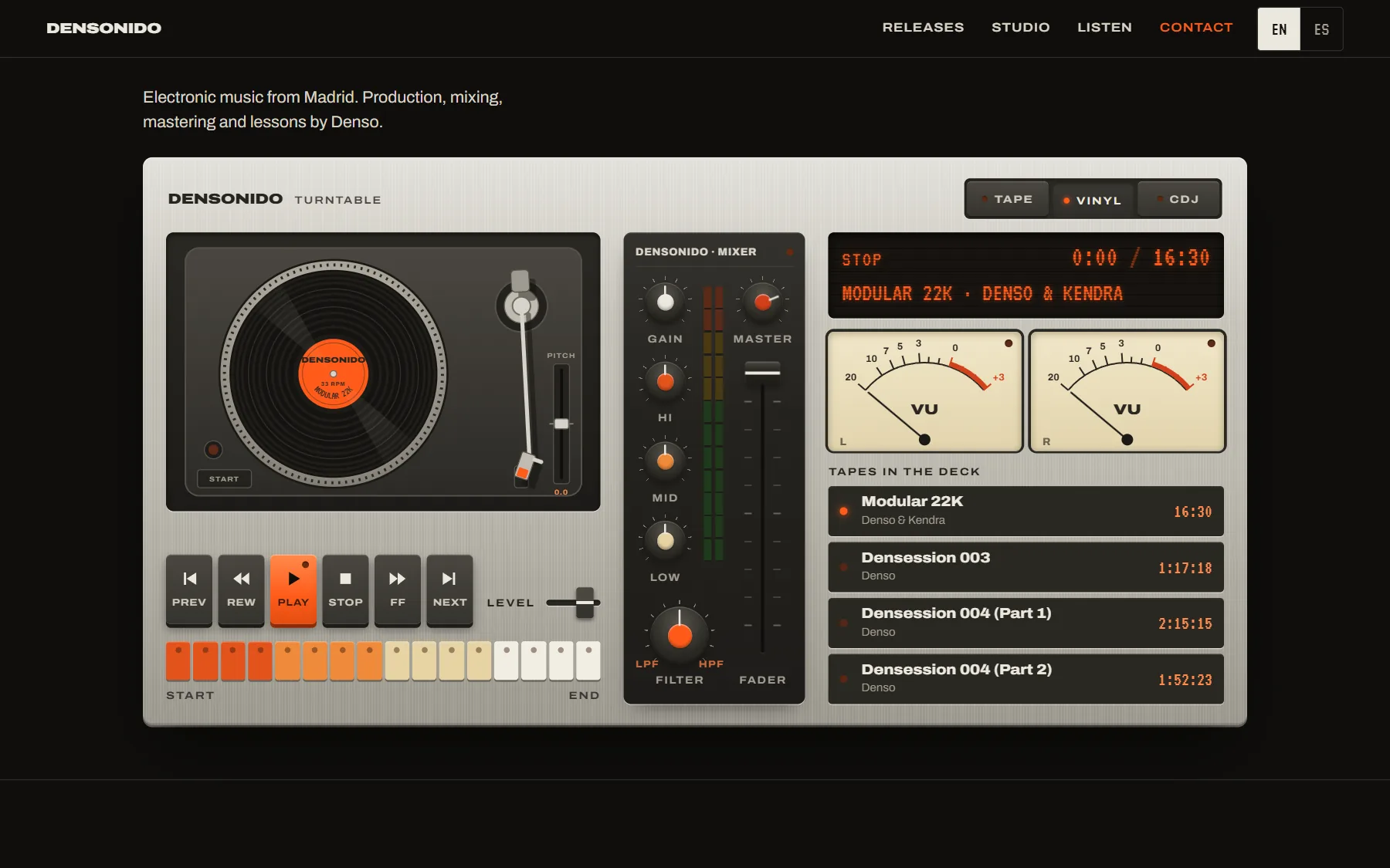 The densonido.com home page: an 80s turntable deck that plays the sessions