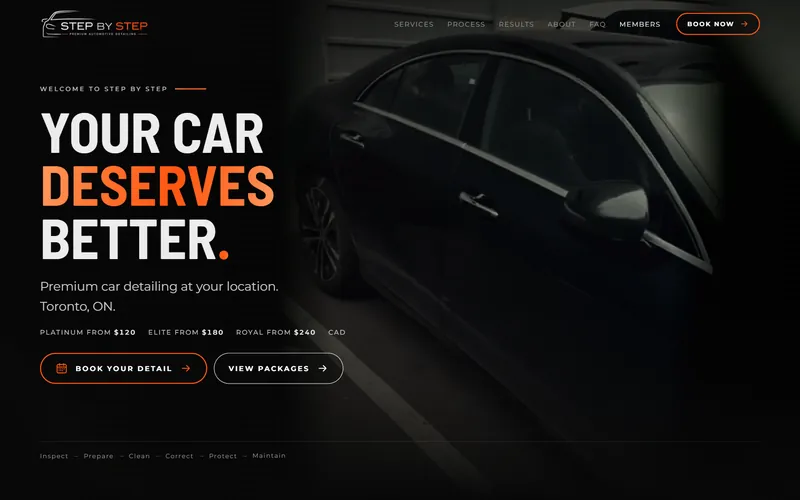 The Step By Step home page beside a dark car interior