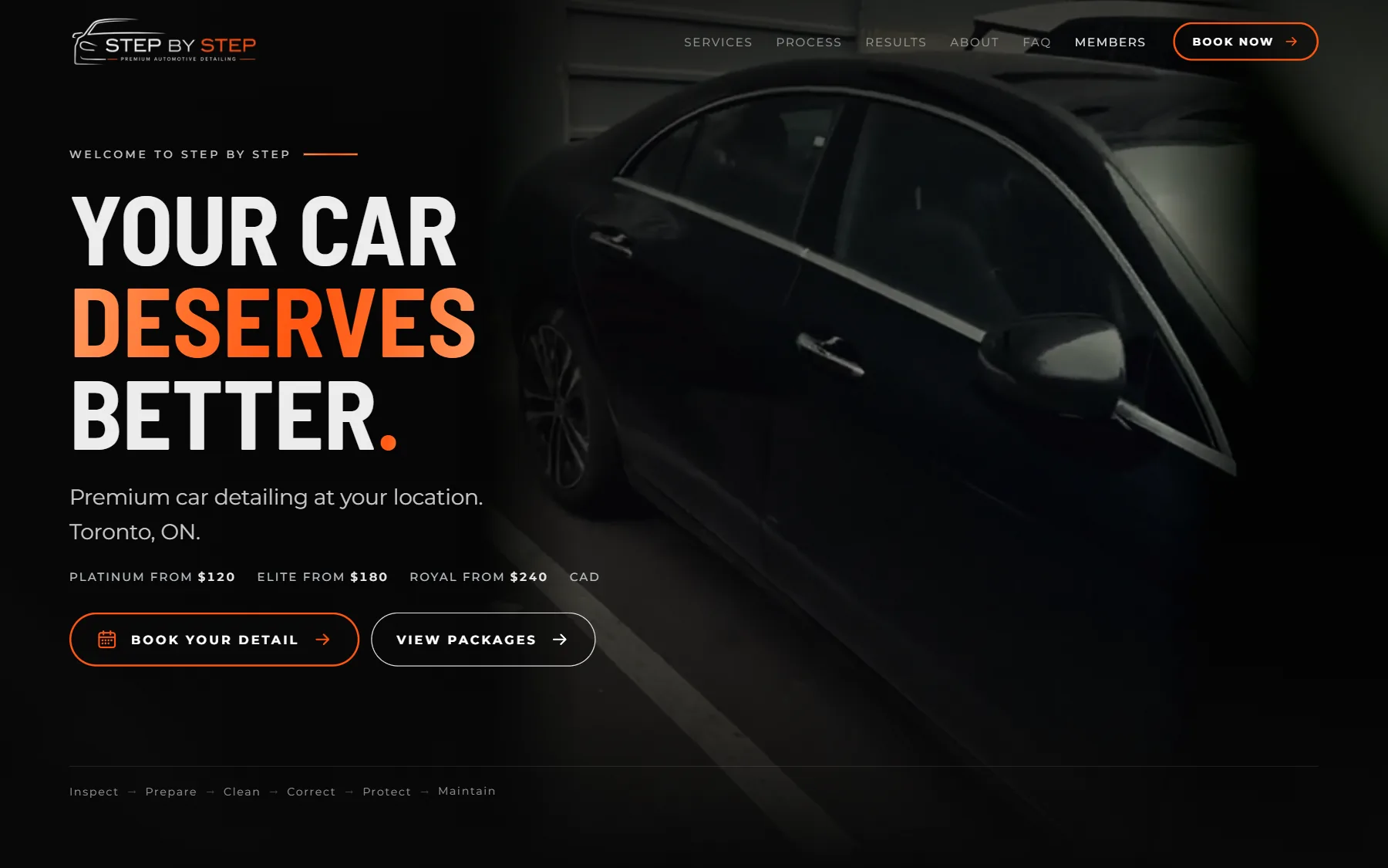 The Step By Step home page: “Your car deserves better” beside a dark car interior
