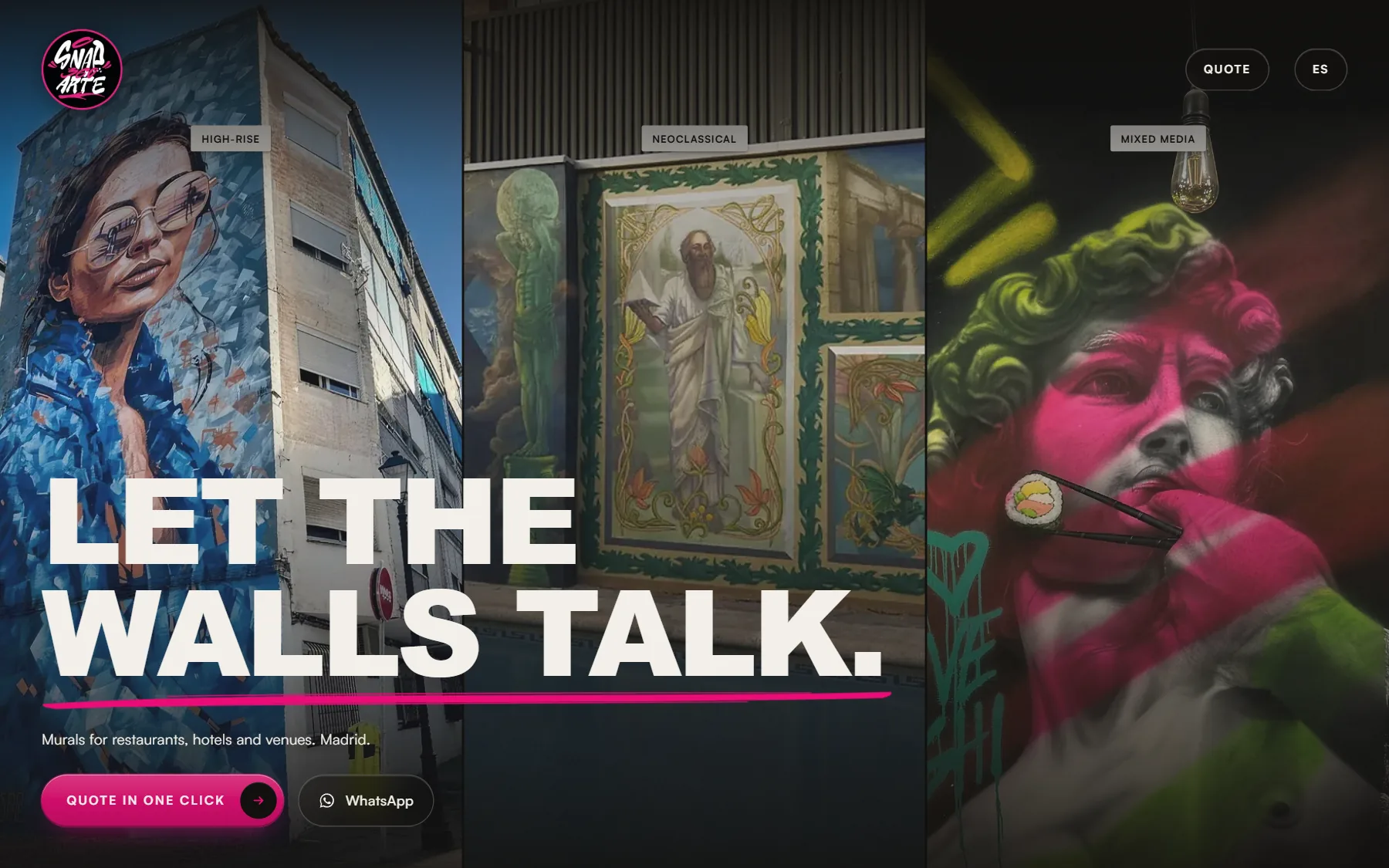The SNAP 360 Arte home page: three murals side by side under the headline